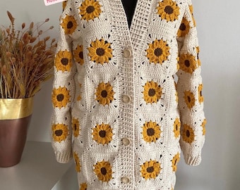 Sunflower crochet cropped cotton cardigan for women, handmade floral sweater, christmas cardigan, trendy women gift, crochet fashion dress
