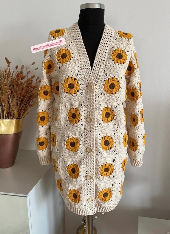 Sunflower Crochet Cropped Cotton Cardigan for Women, Handmade