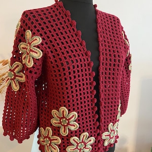 Crochet floral oversized sleeve Cardigan, custom order, women clothing, bohemian cardigan, valentine&#39;s day gift, hippie skirt,burgundy