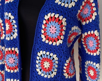 Blue Granny Square Sweater for women, blue Patchwork Jacket, Granny Square Cardigan, Crochet Boho Jacket, Multicolor Coat, mothers day gift