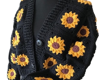 Sunflower Crochet cropped Cardigans for women, knitted Floral Cardigan,  Handmade mothers day gift, black daisy sweater,christmas gift