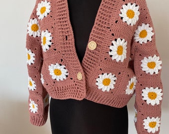 Crochet daisy cropped pink Cardigans for women, crochet sunflower Cardigan, sunflower cardigan adult for Handmade, christmas gift