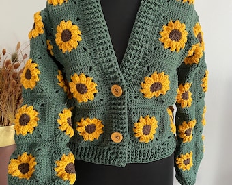 Sunflower Crochet cropped Cardigans for women, Crochet knitted Floral Cardigan, cardigan adult for Handmade and as Valentine’s day gift