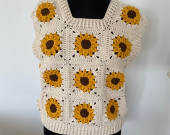 Crochet sunflower Vest, Handmade Floral Sweater Vest, granny square vest, Crochet Daisy Vest, Patchwork Vest, Handmade gift for mothers