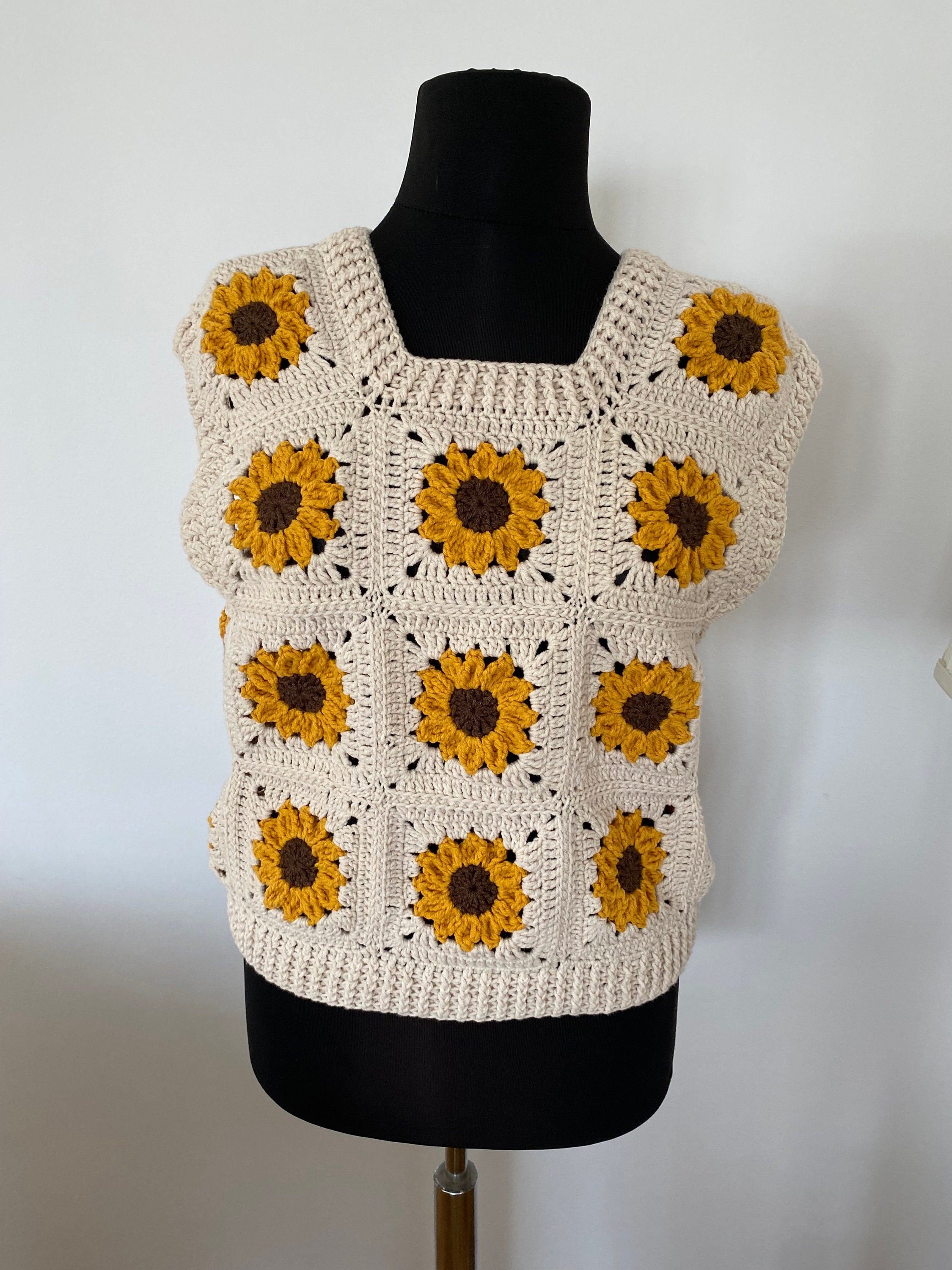 Crochet Sunflower Vest, Handmade Floral Sweater Vest, Granny
