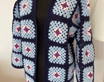 Blue crochet granny square cardigan, blue patchwork jacket, chunky oversize sweater, custom cardigan, mothers day unique gift for her