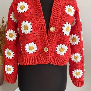 Sunflower Crochet cropped red Cardigans for women, knitted Floral Cardigan,  Handmade mothers day gift, red daisy sweater, custom made