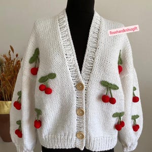 Oversize wool Cherry cardigan, woman fruit embroidery jumper, handmade gift sweater , fashionable christmas gift, y2k,gift cardigan