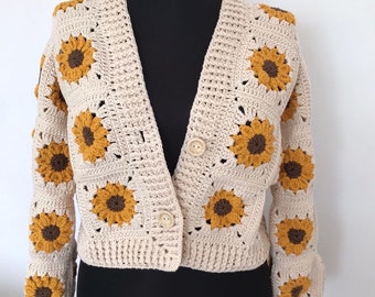 Sunflower crochet cropped cotton cardigan for women, handmade floral sweater,  cardigan adult for handmade and as christmas day gift