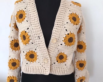 Cardigan court en coton au crochet tournesol pour femme, pull floral fait main, vêtements de printemps pour femme, cadeau tendance pour femme, tricot sur commande