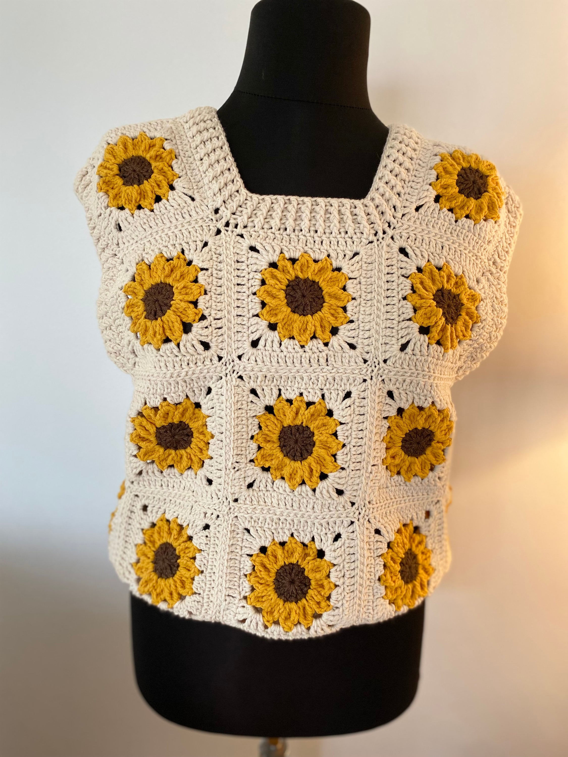 Crochet Sunflower Vest, Handmade Floral Sweater Vest, Granny