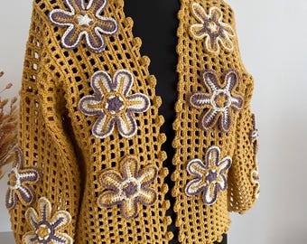 Crochet floral Cardigan, lightweight cardigan, crochet fashion, women clothing, bohemian yellow cardigan,valentine's day gift, mustard cardi