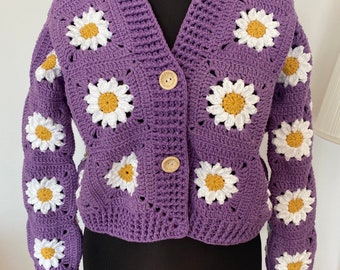 Daisy Crochet cropped Cardigans for women,Crochet knitted Floral Cardigan, cardigan adult for Handmade, crochet fashion, purple sweater