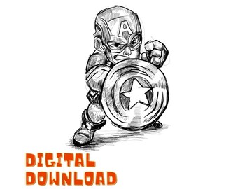 Captain America tekening, Marvel PNG, digitale download, afbeelding gesneden bestanden, afdrukbare muurkunst, tshirt design, cartoon kunst, poster kunst, 8K