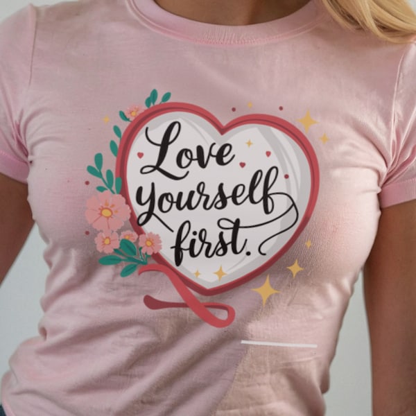 Y2K Baby Tee - 'Love Yourself First' - Heart and Love and Flowers Design, Girl power, Sustainably Made