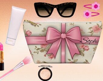 Bolsa de Maquillaje Estética Coqueta Personalizada - Bolsa de Accesorios con Lazo Rosa y Flores"