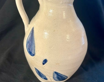Williamsburg Salt Glazed stoneware Pottery Cobalt Blue Leaf Pitcher