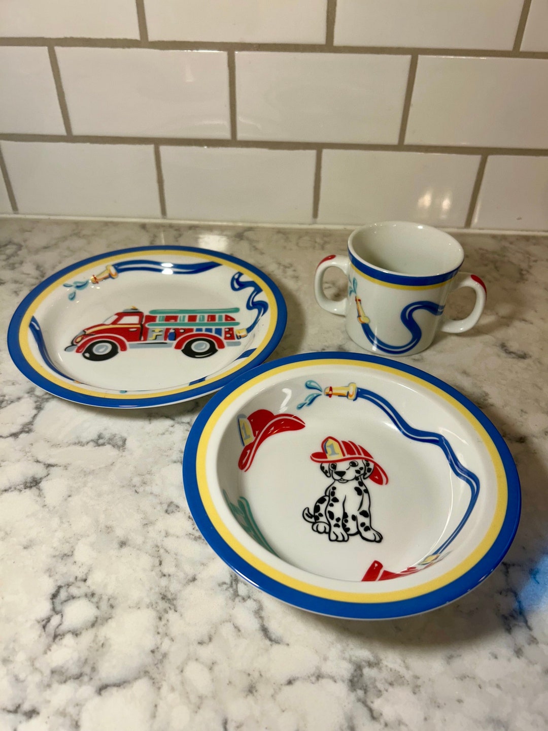 Tiffany Co Fire Station Child's Piece Dinnerware Set