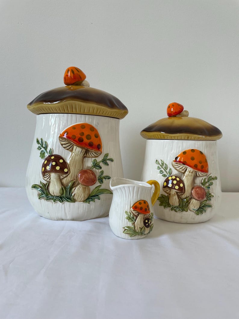 1976 Sears and Roebuck 2 Piece Merry Mushroom Cannister Set With