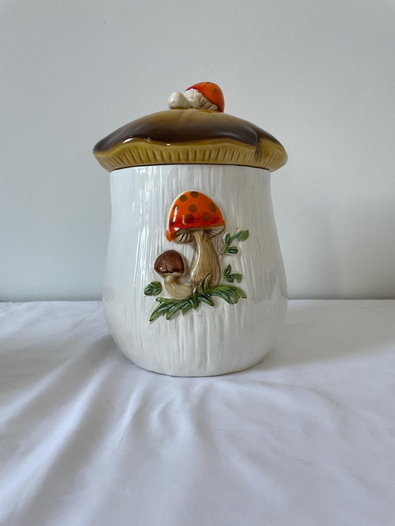 1976 Sears and Roebuck 2 Piece Merry Mushroom Cannister Set With