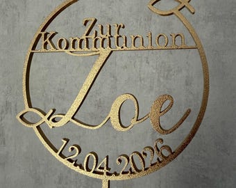 Cake Topper Kommunion personalisiert mit Name und Datum – Tortenstecker zur Kommunion, verschiedene Farben