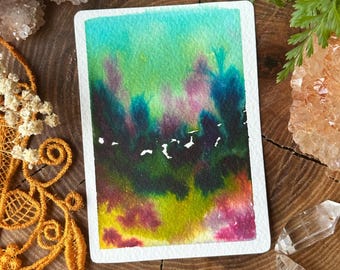 Peinture impressionniste de paysage aquarelle originale ACEO « Fairy Forest » 2,5 x 3,5 po.