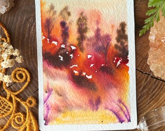 Peinture de paysage impressionniste aquarelle originale ACEO « Sunset on Fire » 2,5 x 3,5 po.