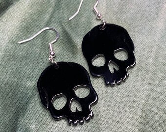 WICKED CUTE Black Skull Earrings, 925 Sterling Silver Hooks