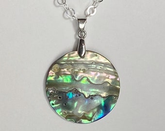 BEAUTIFUL Circular Abalone Pendant on 18in Sterling Silver Necklace .925, Double-sided - #1