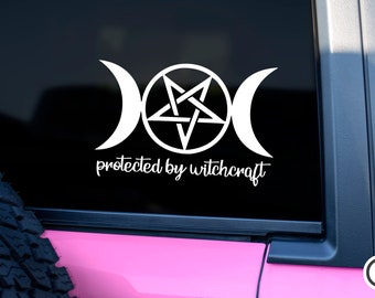 Protected By Witchcraft Triple Moon Vinyl Decal, Pagan Wiccan Window Sticker, Inverted Pentagram Pentacle, Choose Size & Color