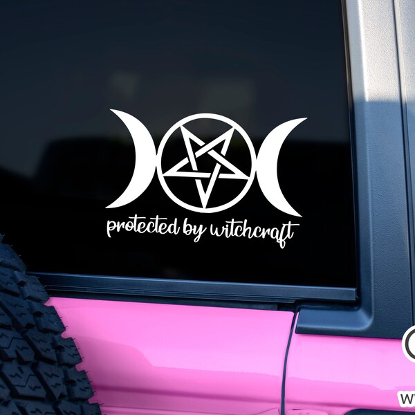 Protected By Witchcraft Triple Moon Vinyl Decal, Pagan Wiccan Window Sticker, Inverted Pentagram Pentacle, Choose Size & Color