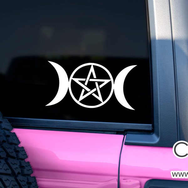 Triple Moon Vinyl Decal, Pagan Wiccan Window Sticker, Upright Pentacle Pentagram, Choose Size & Color