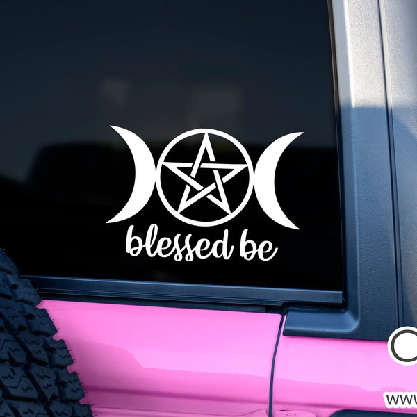 Blessed Be Triple Moon Vinyl Decal, Pagan Wiccan Window Sticker, Upright Pentacle Pentagram, Choose Size & Color