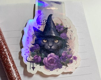 Cat in Witch Hat Magnetic Bookmark with Holographic Finish