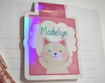 PERSONALIZED Cute Cat Magnetic Bookmark with Holographic Finish - Pink