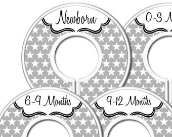 READY TO SHIP - Light Grey Stars Baby Closet Dividers, Stars Nursery Closet Divider, Clothes Organizers, Gray Gender Neutral Gift - Set of 7