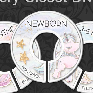 Cute Baby Unicorns Nursery Closet Dividers, Unicorn Baby Size Dividers, Baby Clothes Organizers, Whimsical Baby Girl Decor, Fantasy Nursery image 1