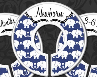 NAVY BLUE ELEPHANTS Baby Closet Dividers, Nursery Clothes Organizer Set, Plastic Size Dividers, Baby Boy Shower Gift