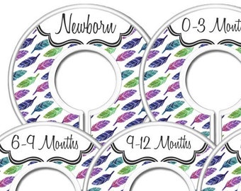 READY TO SHIP Feathers Nursery Closet Dividers, Baby Closet Dividers, Boho Nursery Decor, Multicolor Baby Decor, Baby Shower Gift - Set of 7