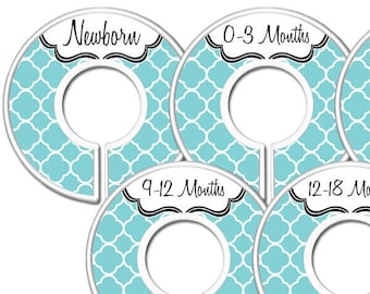 READY TO SHIP - Turquoise Quatrefoil Nursery Closet Dividers, Baby Clothes Organizer Set, Baby Shower Gift - Set of 11