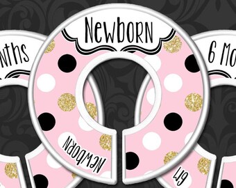 Pink & Gold Polka Dot Baby Clothes Dividers, Nursery Closet Dividers, Baby Clothes Organizers, Baby Girl Shower Gift - Pink Black Gold