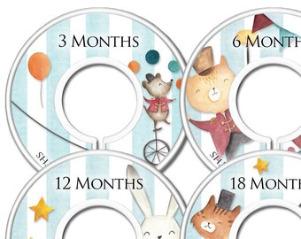 READY TO SHIP - Cute Circus Animals Nursery Closet Dividers, Baby Clothes Organizer Set, Gender Neutral, Carnival Baby Gift, Set of 6