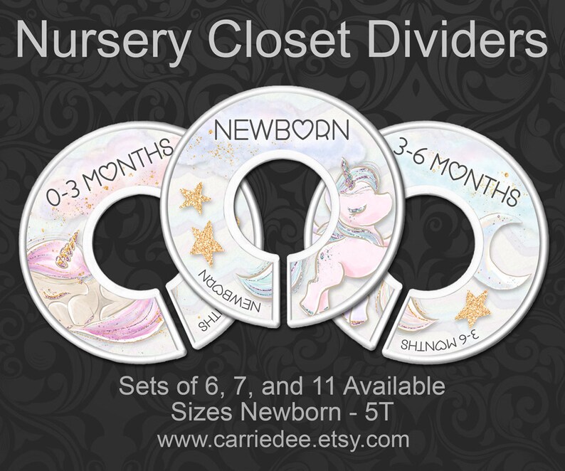 Cute Baby Unicorns Nursery Closet Dividers, Unicorn Baby Size Dividers, Baby Clothes Organizers, Whimsical Baby Girl Decor, Fantasy Nursery image 1