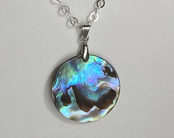 BEAUTIFUL Circular Abalone Pendant on 18in Sterling Silver Necklace .925, Double-sided - #3