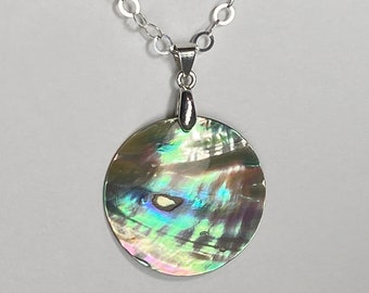 BEAUTIFUL Circular Abalone Pendant on 18in Sterling Silver Necklace .925, Double-sided - #2