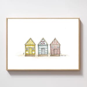 Watercolour Beach Huts Print: Seaside Home Decor (A5)
