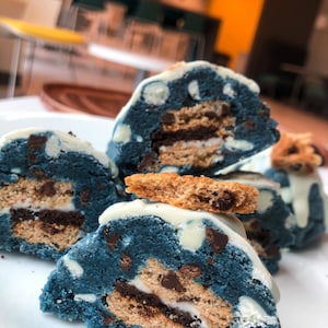 RECIPE-Gourmet Thick Cookie Monster Stuffed Cookie RECIPE. Thick Chunky New York Style Cookies, Bakery Style Cookies. Drop Cookies.