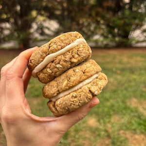 May include: Two round, light brown cookies with a white cream filling are held in a hand. The cookies appear to be made with oats and other grains. The background is a blurred green, suggesting an outdoor setting.