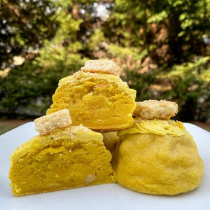 May include: A close-up of a white plate with several pieces of yellow cake. The cake is topped with small, rectangular, light-colored crackers. The cake has a soft, textured appearance, and the plate is set against a blurred green background.