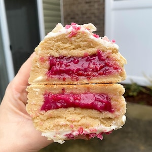 RECIPE-  Stuffed White Chocolate Raspberry Gourmet Cookie RECIPE, Thick Chunky New York Style Cookies. Drop Cookies. Gourmet Cookie.